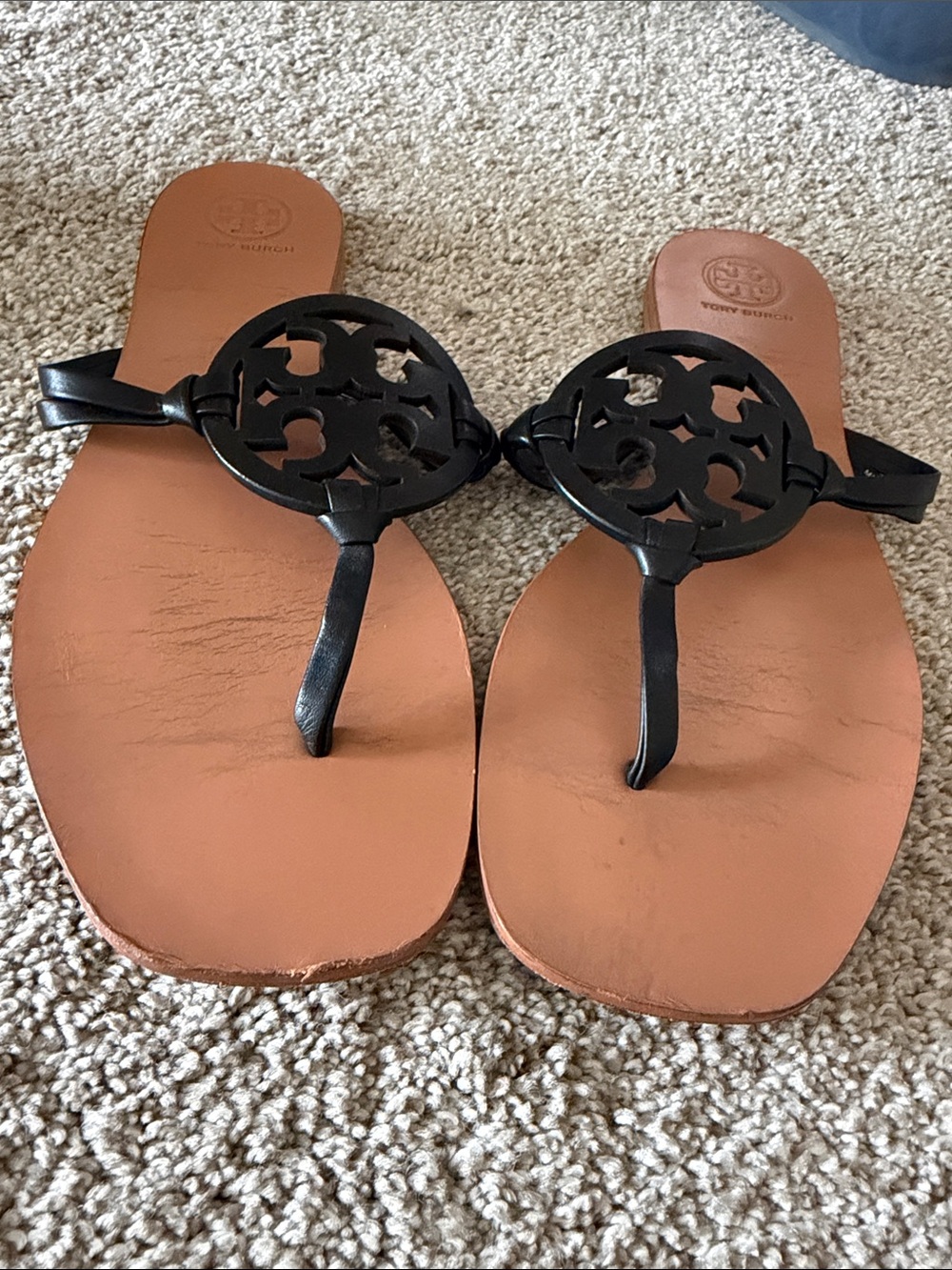 Tory Burch Black Leather Miller Thong Sandals with Tan Footbed - Picture 3 of 4